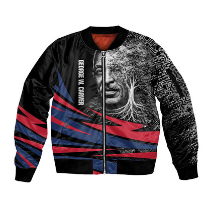 George Washington Carver Sleeve Zip Bomber Jacket with Tree Portrait Illustration, Nature Is the Greatest Teacher Quote - African Pride