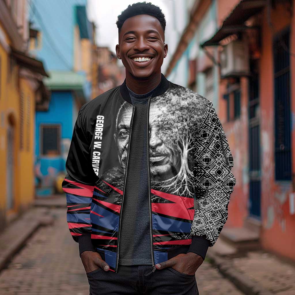 George Washington Carver Sleeve Zip Bomber Jacket with Tree Portrait Illustration, Nature Is the Greatest Teacher Quote - African Pride
