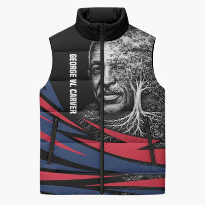 George Washington Carver Sleeveless Puffer Jacket with Tree Portrait Illustration, Nature Is the Greatest Teacher Quote - African Pride