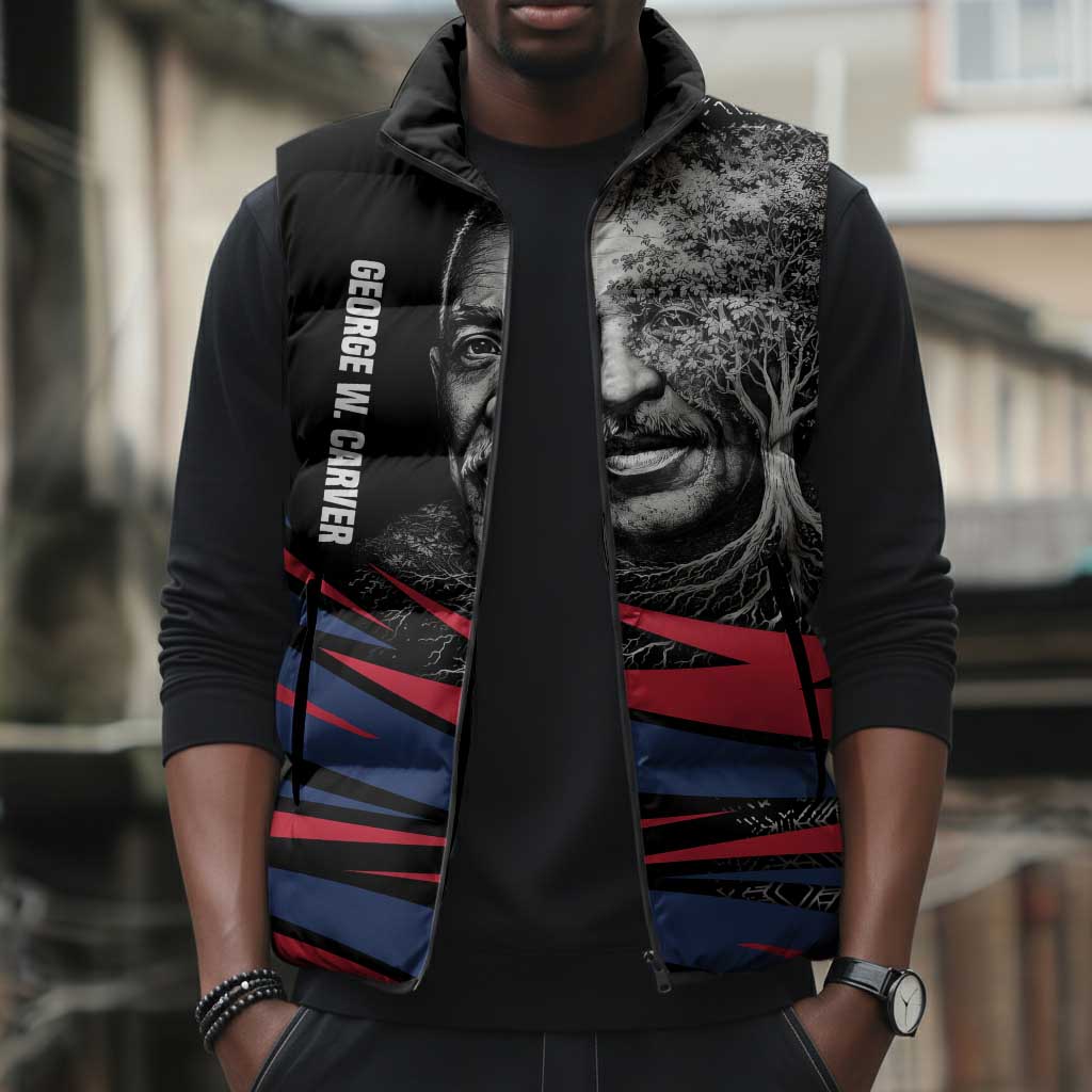 George Washington Carver Sleeveless Puffer Jacket with Tree Portrait Illustration, Nature Is the Greatest Teacher Quote - African Pride