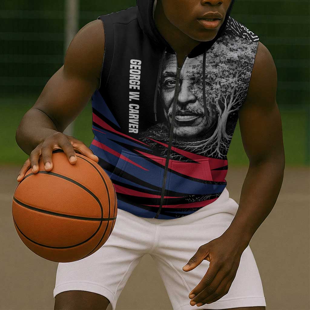 George Washington Carver Sleeveless Zip Hoodie with Tree Portrait Illustration, Nature Is the Greatest Teacher Quote - African Pride