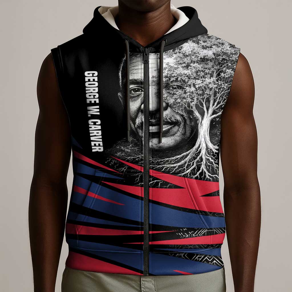 George Washington Carver Sleeveless Zip Hoodie with Tree Portrait Illustration, Nature Is the Greatest Teacher Quote - African Pride