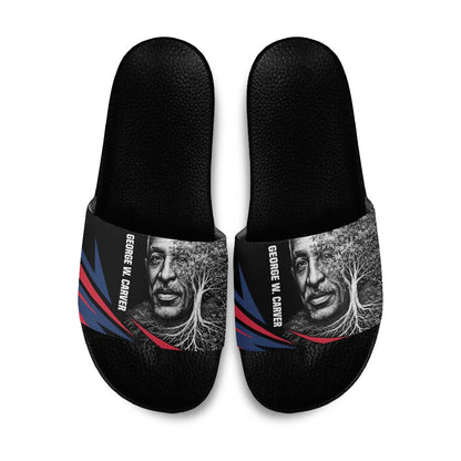 George Washington Carver Slide Sandals with Tree Portrait Illustration, Nature Is the Greatest Teacher Quote - African Pride