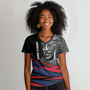 George Washington Carver Women V-Neck T-Shirt with Tree Portrait Illustration, Nature Is the Greatest Teacher Quote - African Pride