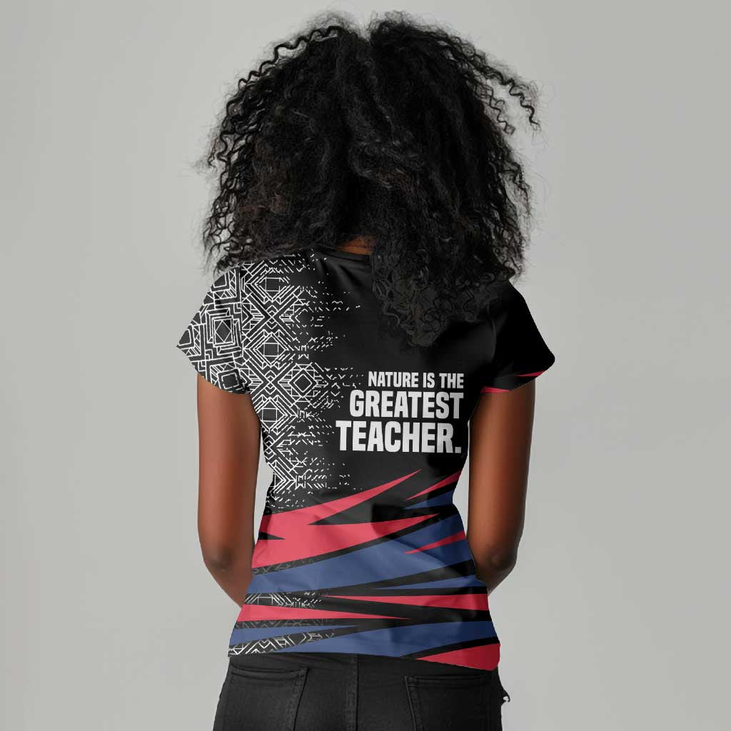 George Washington Carver Women V-Neck T-Shirt with Tree Portrait Illustration, Nature Is the Greatest Teacher Quote - African Pride