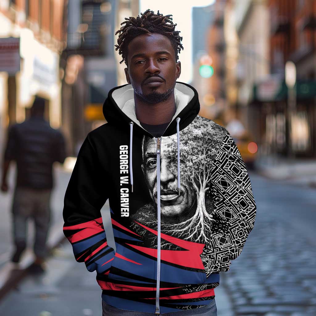 George Washington Carver Zip Hoodie with Tree Portrait Illustration, Nature Is the Greatest Teacher Quote - African Pride