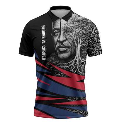 George Washington Carver Zipper Polo Shirt with Tree Portrait Illustration, Nature Is the Greatest Teacher Quote - African Pride