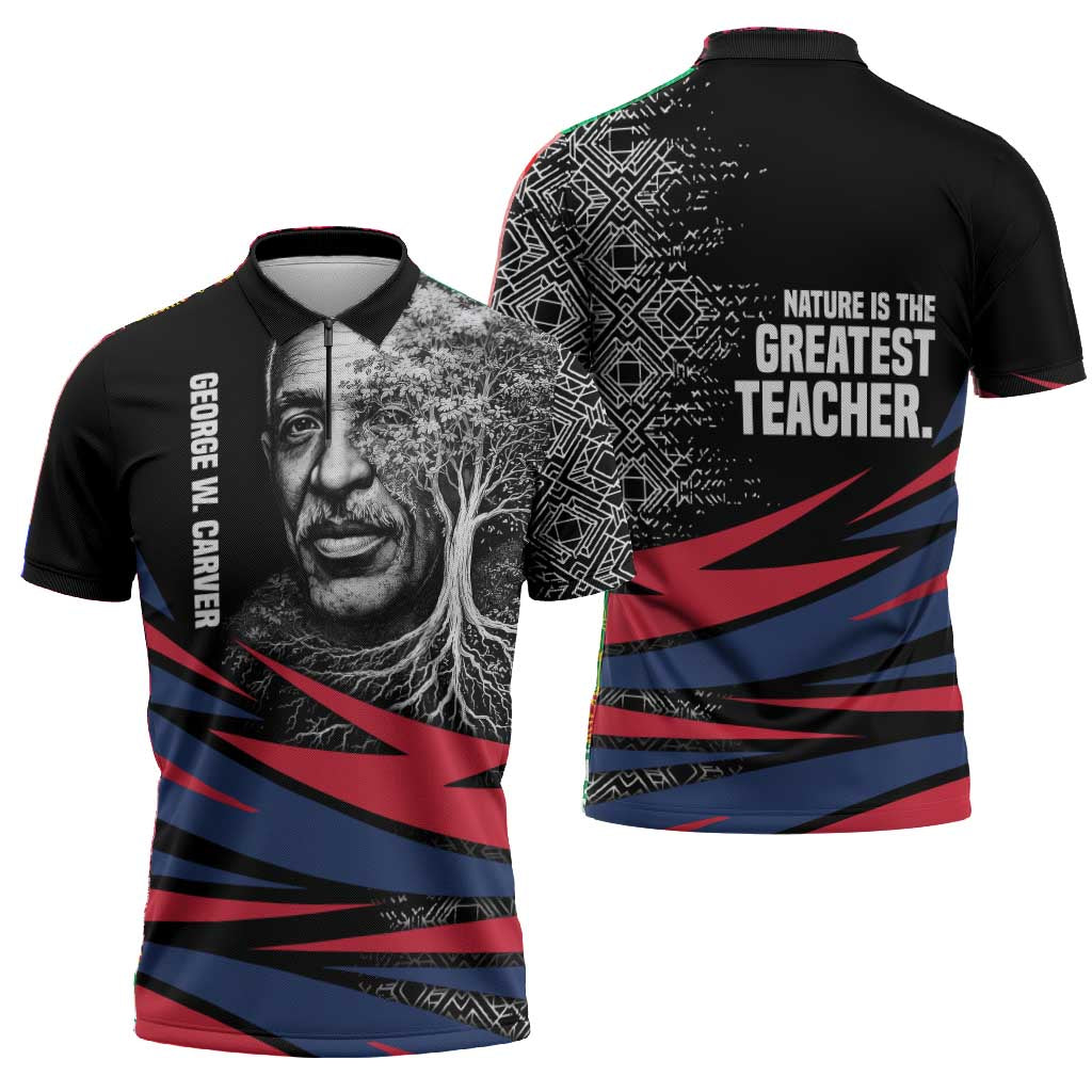 George Washington Carver Zipper Polo Shirt with Tree Portrait Illustration, Nature Is the Greatest Teacher Quote - African Pride