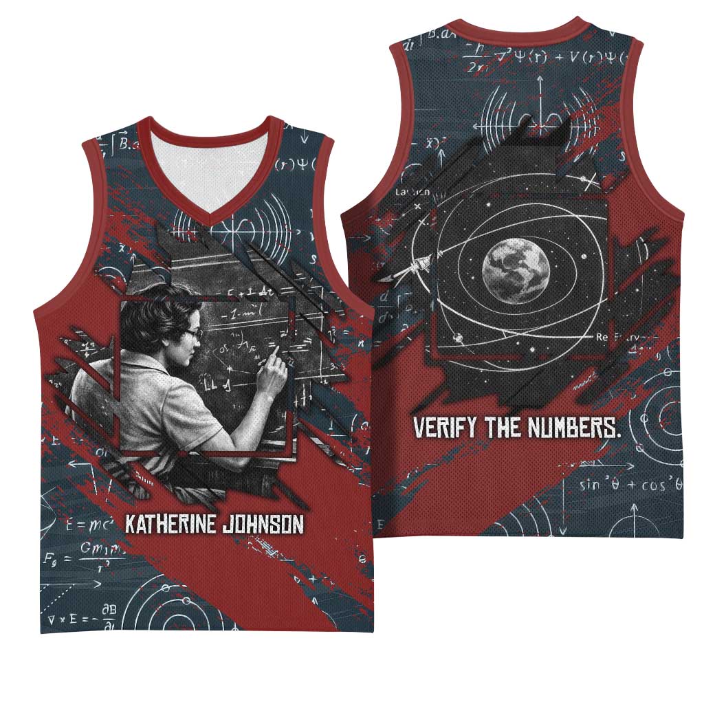 Katherine Johnson Basketball Jersey with Chalkboard Math Scene, Verify the Numbers Quote and Space Orbit - African Pride
