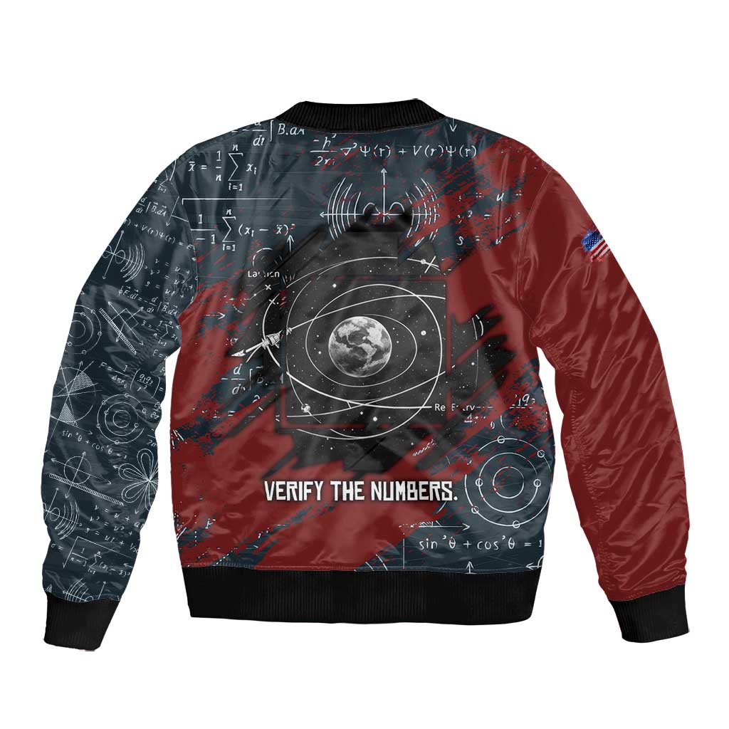 Katherine Johnson Bomber Jacket with Chalkboard Math Scene, Verify the Numbers Quote and Space Orbit - African Pride