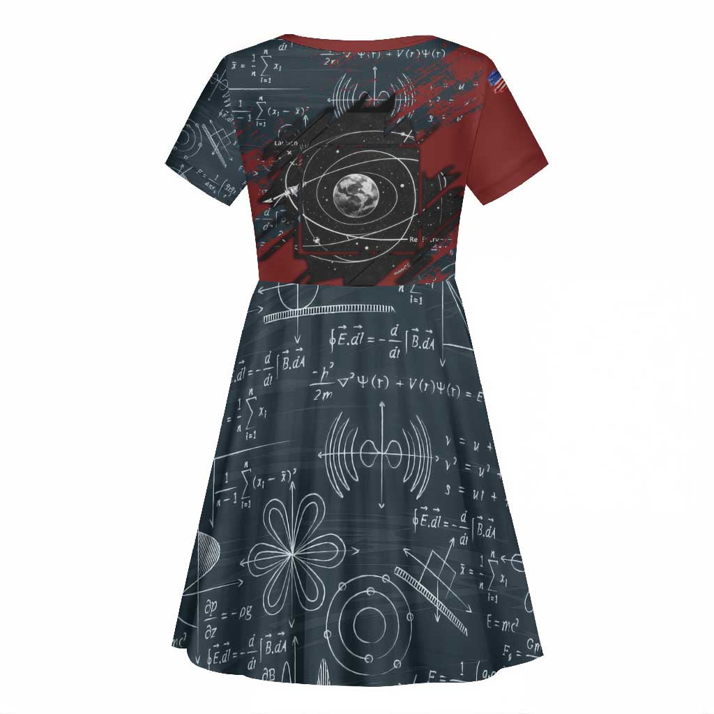 Katherine Johnson Kid Short Sleeve Dress with Chalkboard Math Scene, Verify the Numbers Quote and Space Orbit - African Pride