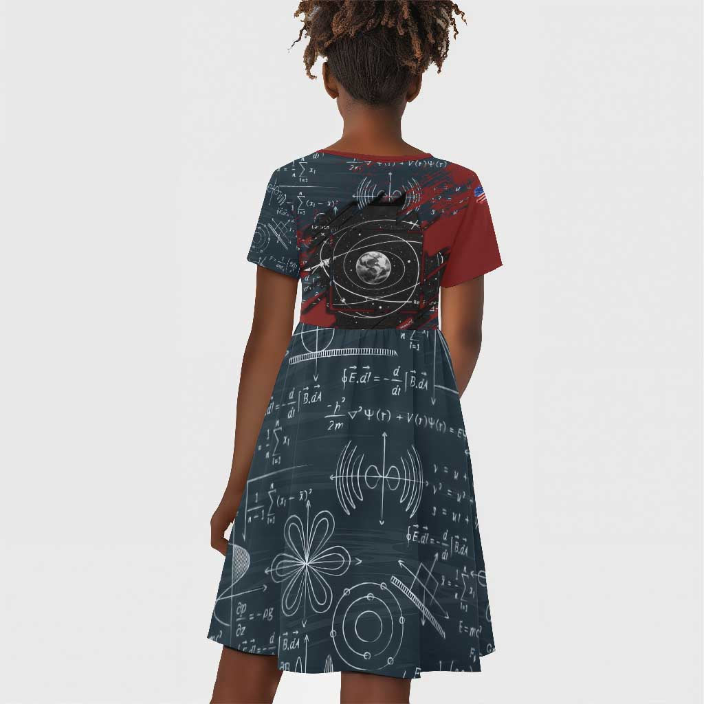 Katherine Johnson Kid Short Sleeve Dress with Chalkboard Math Scene, Verify the Numbers Quote and Space Orbit - African Pride