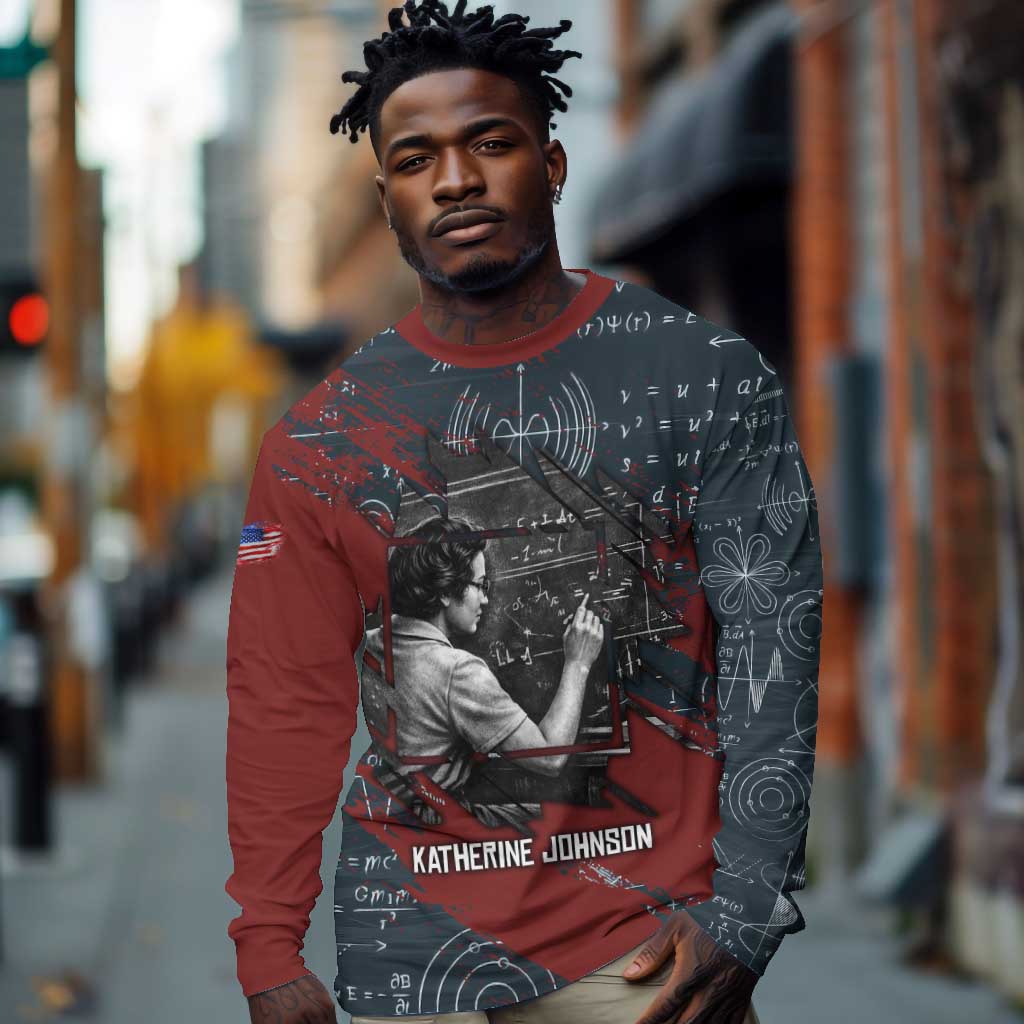 Katherine Johnson Long Sleeve Shirt with Chalkboard Math Scene, Verify the Numbers Quote and Space Orbit - African Pride