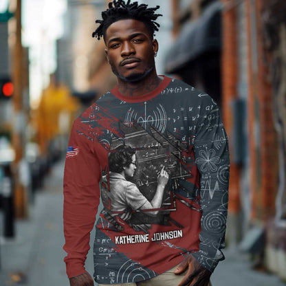 Katherine Johnson Long Sleeve Shirt with Chalkboard Math Scene, Verify the Numbers Quote and Space Orbit - African Pride