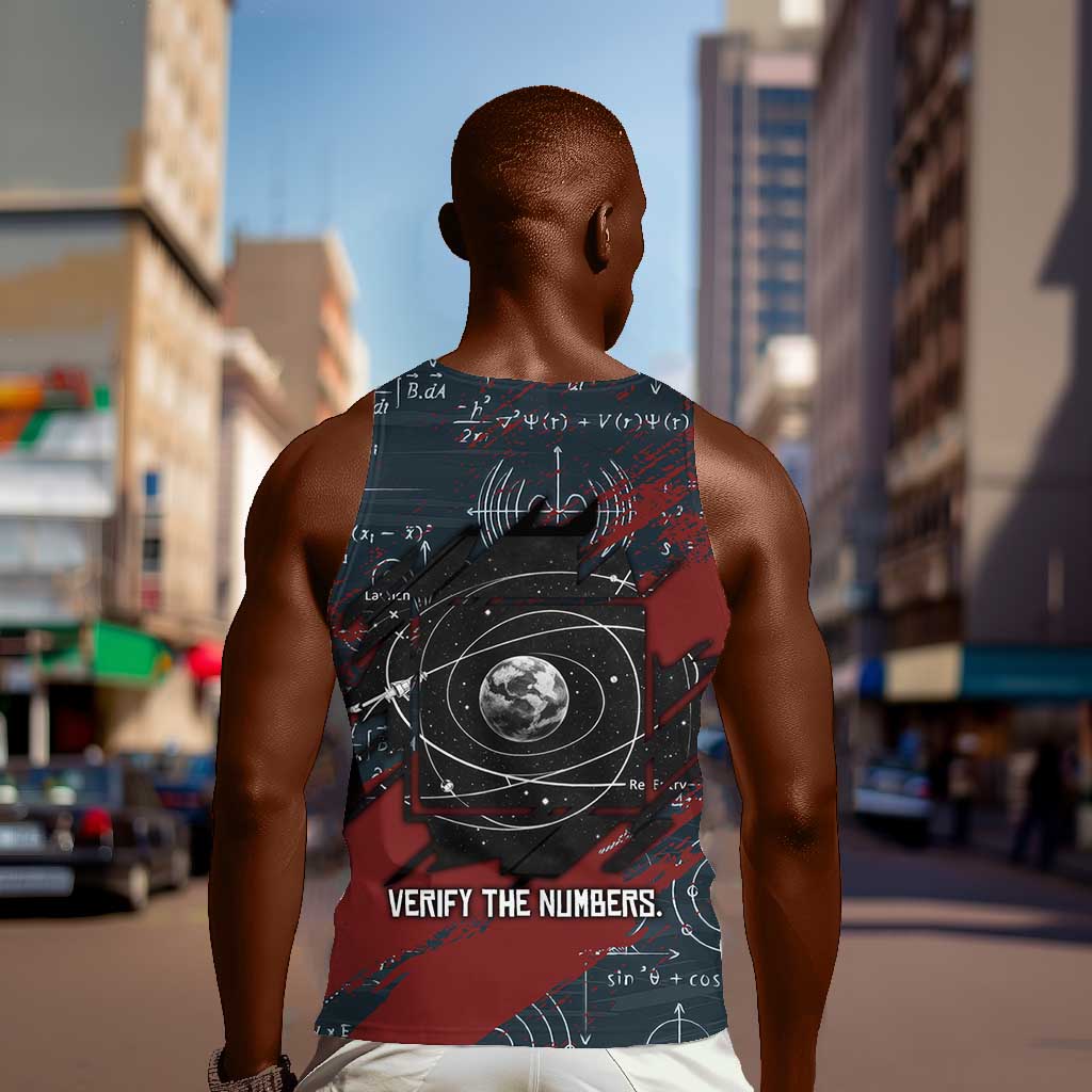 Katherine Johnson Men Tank Top with Chalkboard Math Scene, Verify the Numbers Quote and Space Orbit - African Pride