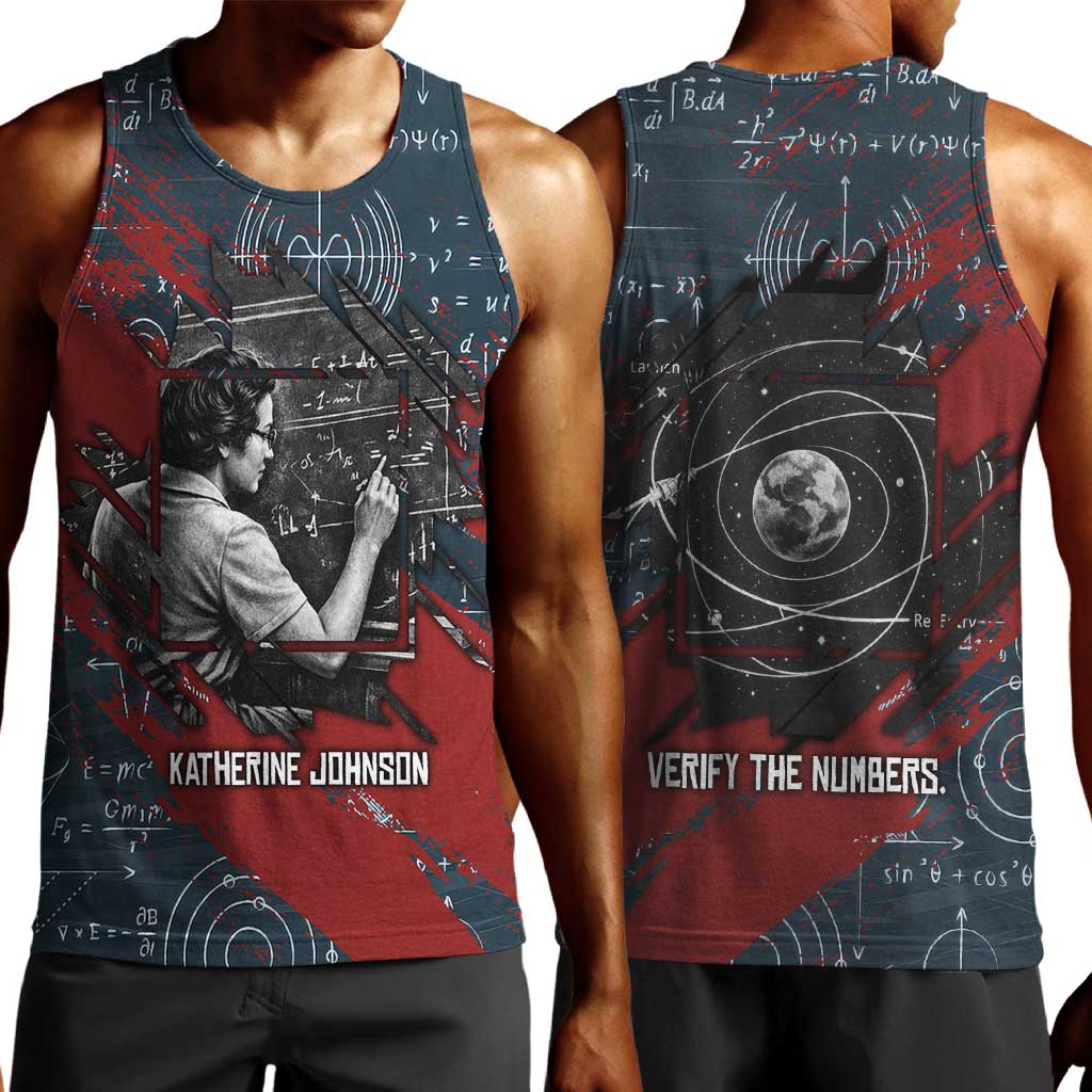 Katherine Johnson Men Tank Top with Chalkboard Math Scene, Verify the Numbers Quote and Space Orbit - African Pride