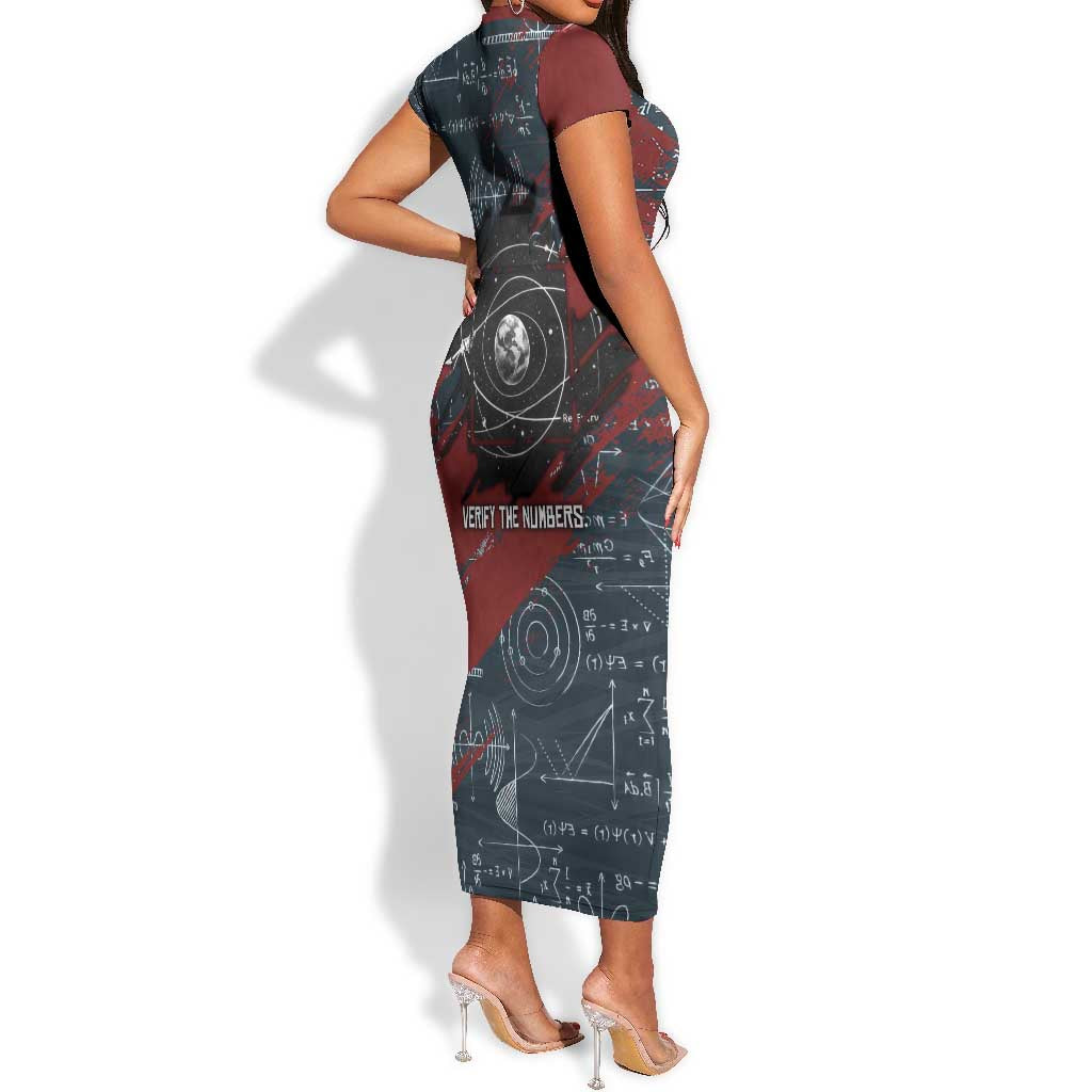 Katherine Johnson Short Sleeve Bodycon Dress with Chalkboard Math Scene, Verify the Numbers Quote and Space Orbit - African Pride