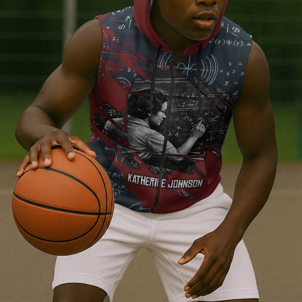 Katherine Johnson Sleeveless Zip Hoodie with Chalkboard Math Scene, Verify the Numbers Quote and Space Orbit - African Pride