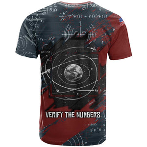 Katherine Johnson T shirt with Chalkboard Math Scene, Verify the Numbers Quote and Space Orbit - African Pride