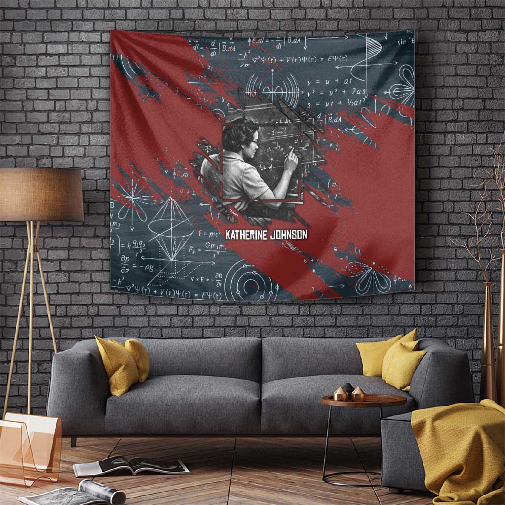 Katherine Johnson Tapestry with Chalkboard Math Scene, Verify the Numbers Quote and Space Orbit - African Pride
