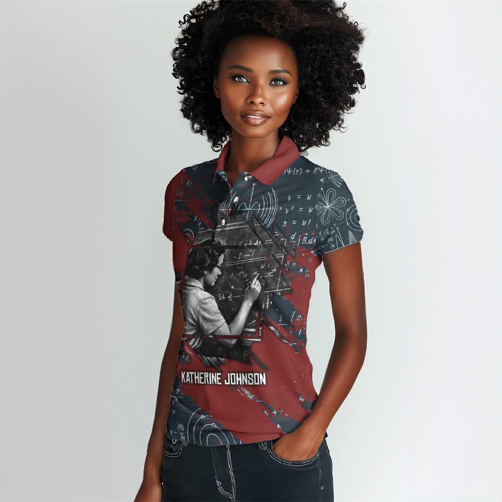 Katherine Johnson Women Polo Shirt with Chalkboard Math Scene, Verify the Numbers Quote and Space Orbit - African Pride