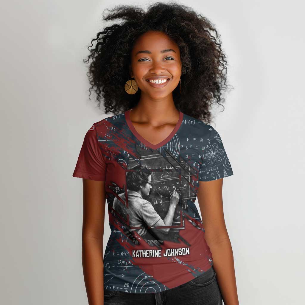 Katherine Johnson Women V-Neck T-Shirt with Chalkboard Math Scene, Verify the Numbers Quote and Space Orbit - African Pride