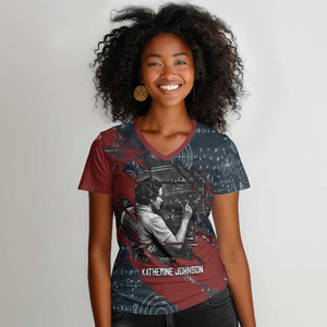 Katherine Johnson Women V-Neck T-Shirt with Chalkboard Math Scene, Verify the Numbers Quote and Space Orbit - African Pride