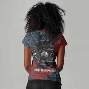 Katherine Johnson Women V-Neck T-Shirt with Chalkboard Math Scene, Verify the Numbers Quote and Space Orbit - African Pride