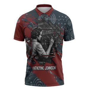 Katherine Johnson Zipper Polo Shirt with Chalkboard Math Scene, Verify the Numbers Quote and Space Orbit - African Pride