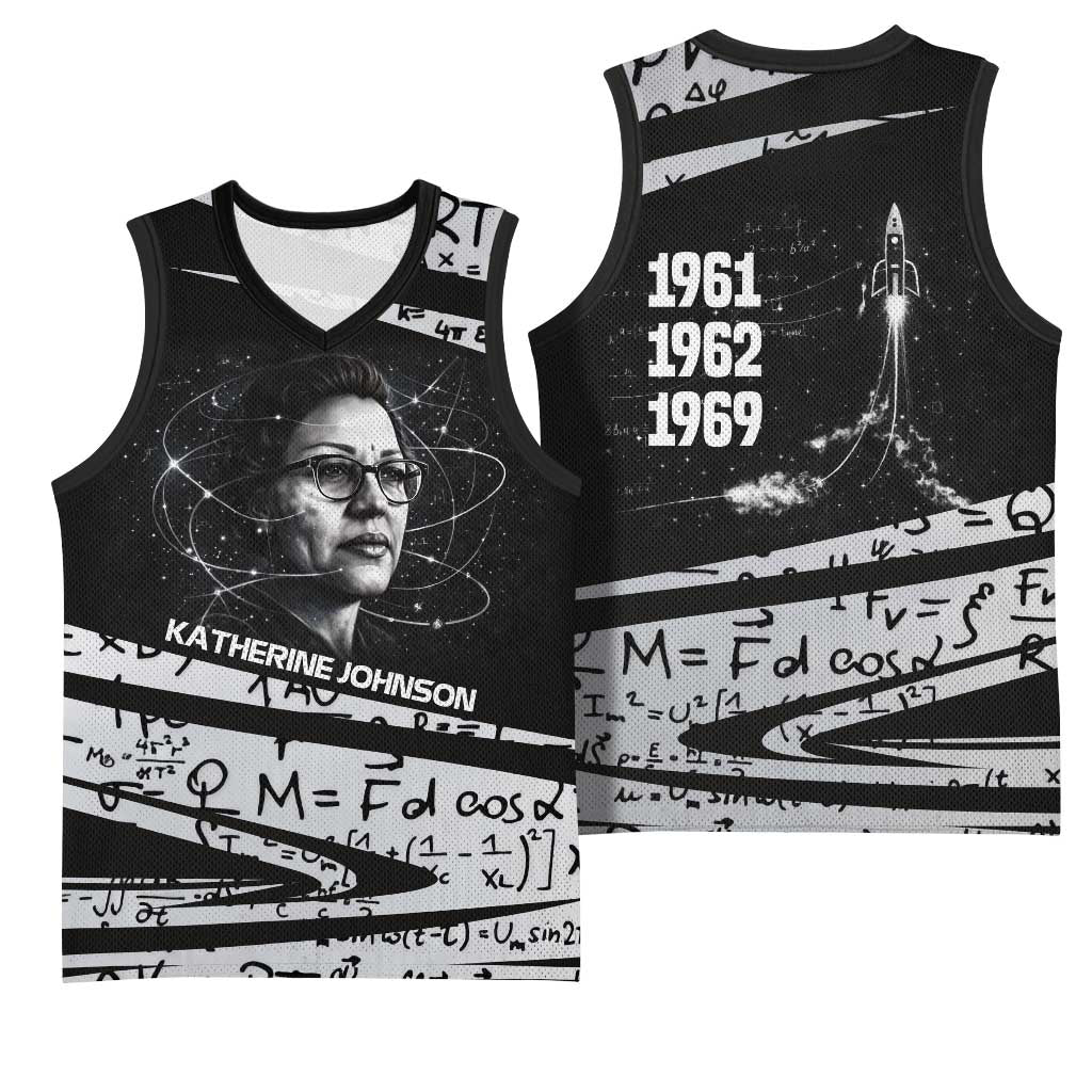 Katherine Johnson Basketball Jersey with Orbital Space Portrait, Historic NASA Launch Dates and Physics - African Pride