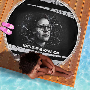Katherine Johnson Beach Blanket with Orbital Space Portrait, Historic NASA Launch Dates and Physics - African Pride