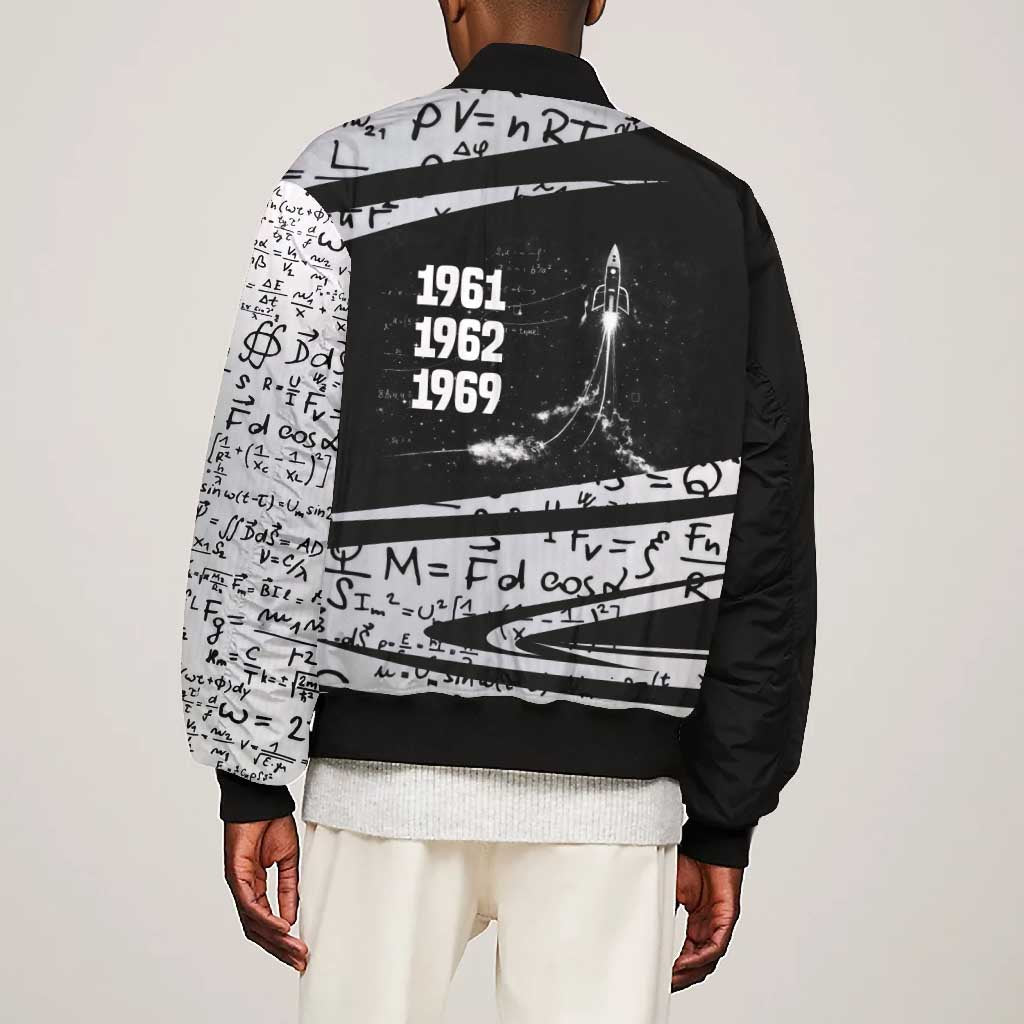 Katherine Johnson Bomber Jacket with Orbital Space Portrait, Historic NASA Launch Dates and Physics - African Pride