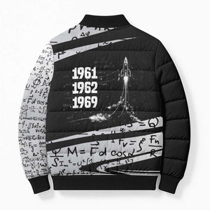 Katherine Johnson Bomber Puffer Jacket with Orbital Space Portrait, Historic NASA Launch Dates and Physics - African Pride
