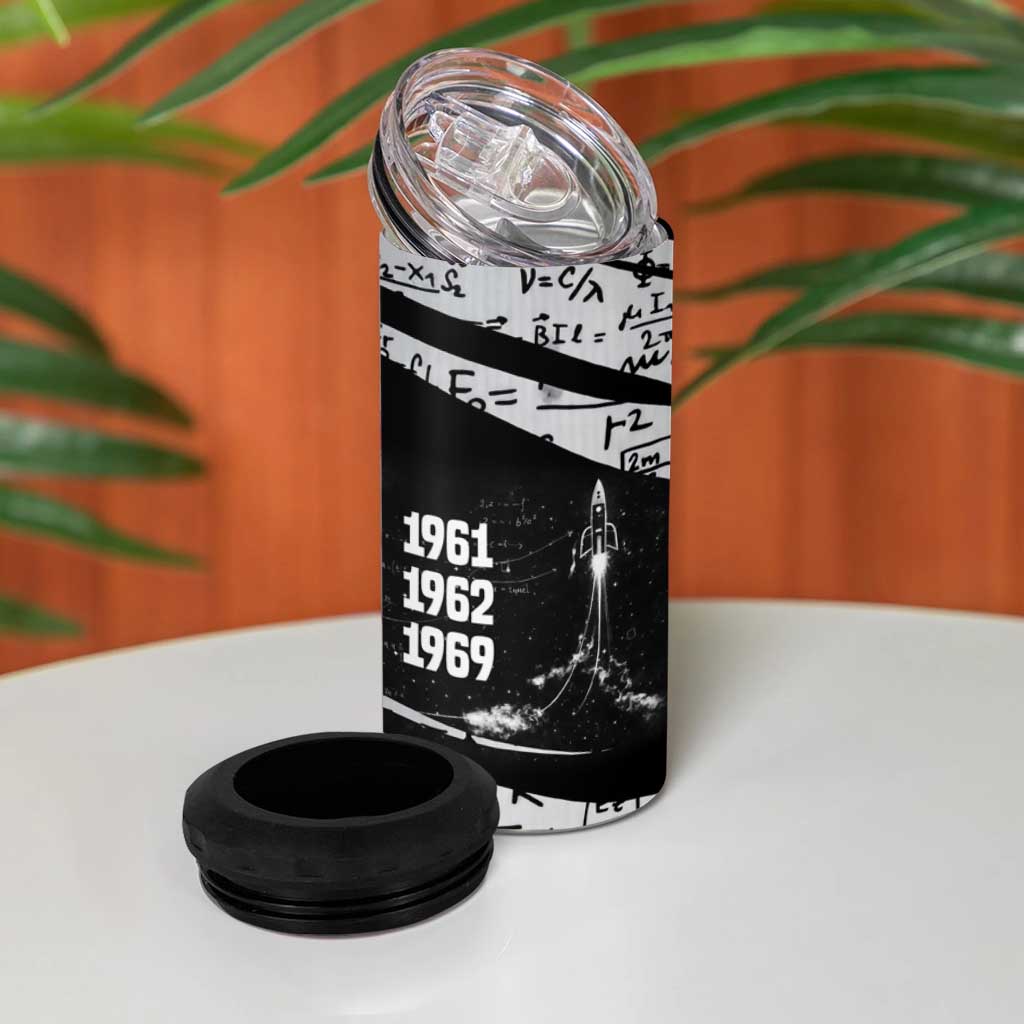 Katherine Johnson 4 in 1 Can Cooler Tumbler with Orbital Space Portrait, Historic NASA Launch Dates and Physics - African Pride