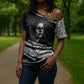 Katherine Johnson Cross Shoulder Shirt with Orbital Space Portrait, Historic NASA Launch Dates and Physics - African Pride