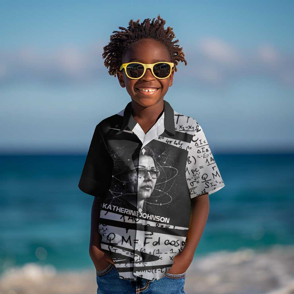 Katherine Johnson Kid Hawaiian Shirt with Orbital Space Portrait, Historic NASA Launch Dates and Physics - African Pride