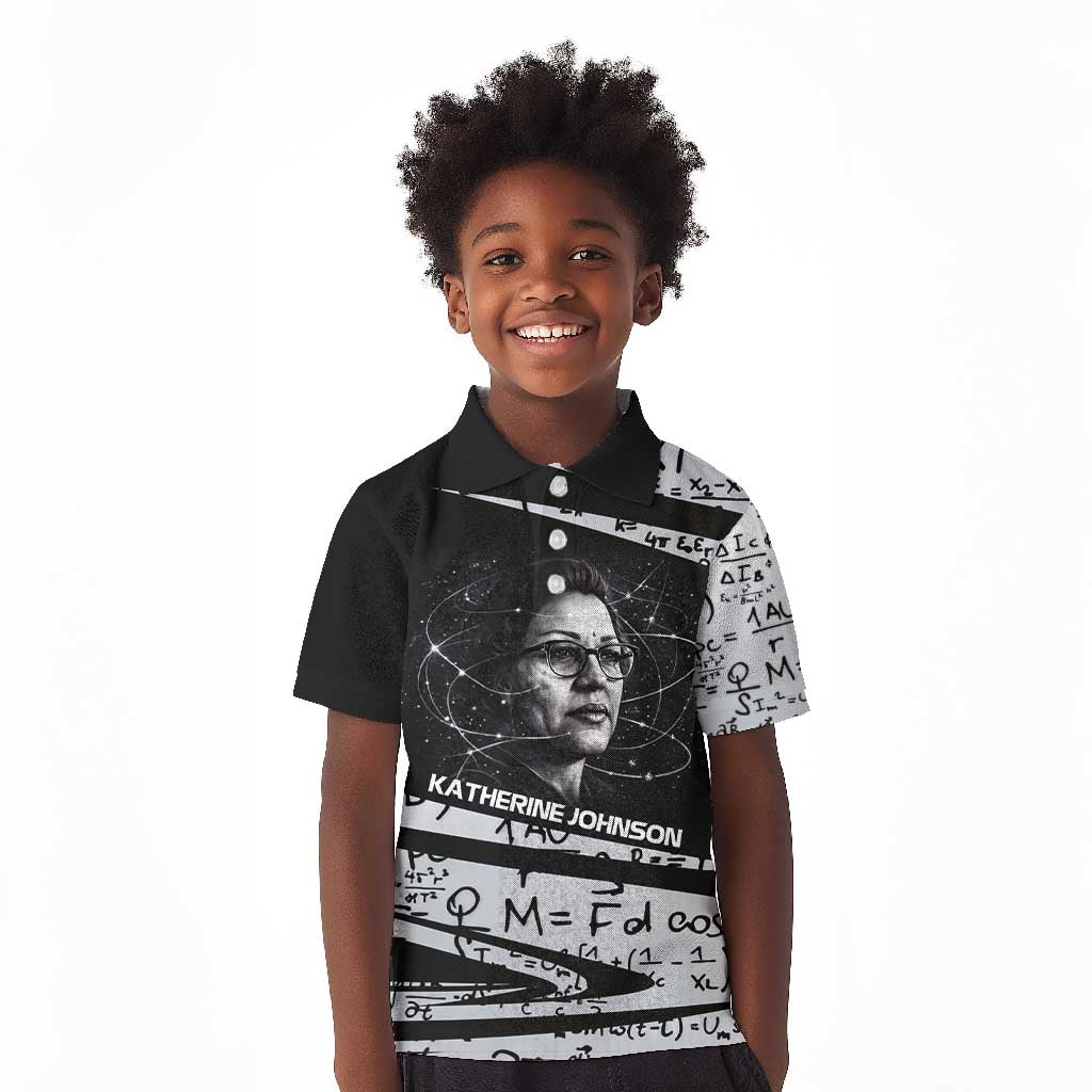Katherine Johnson Kid Polo Shirt with Orbital Space Portrait, Historic NASA Launch Dates and Physics - African Pride