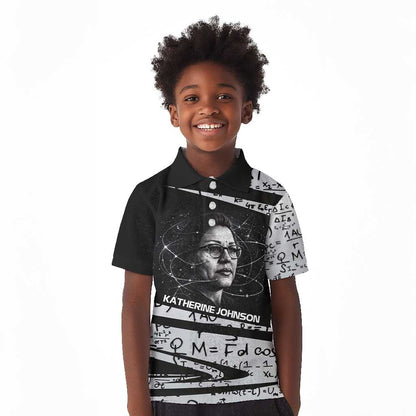 Katherine Johnson Kid Polo Shirt with Orbital Space Portrait, Historic NASA Launch Dates and Physics - African Pride
