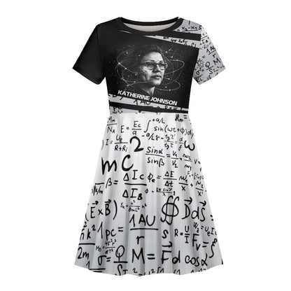 Katherine Johnson Kid Short Sleeve Dress with Orbital Space Portrait, Historic NASA Launch Dates and Physics - African Pride