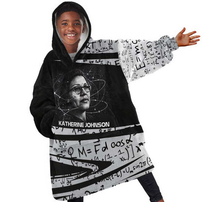 Katherine Johnson Kid Wearable Blanket Hoodie with Orbital Space Portrait, Historic NASA Launch Dates and Physics - African Pride