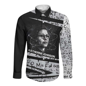Katherine Johnson Long Sleeve Button Shirt with Orbital Space Portrait, Historic NASA Launch Dates and Physics - African Pride