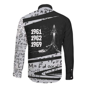 Katherine Johnson Long Sleeve Button Shirt with Orbital Space Portrait, Historic NASA Launch Dates and Physics - African Pride