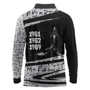 Katherine Johnson Long Sleeve Polo Shirt with Orbital Space Portrait, Historic NASA Launch Dates and Physics - African Pride