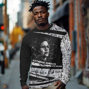 Katherine Johnson Long Sleeve Shirt with Orbital Space Portrait, Historic NASA Launch Dates and Physics - African Pride