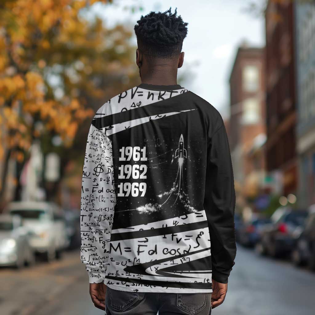 Katherine Johnson Long Sleeve Shirt with Orbital Space Portrait, Historic NASA Launch Dates and Physics - African Pride