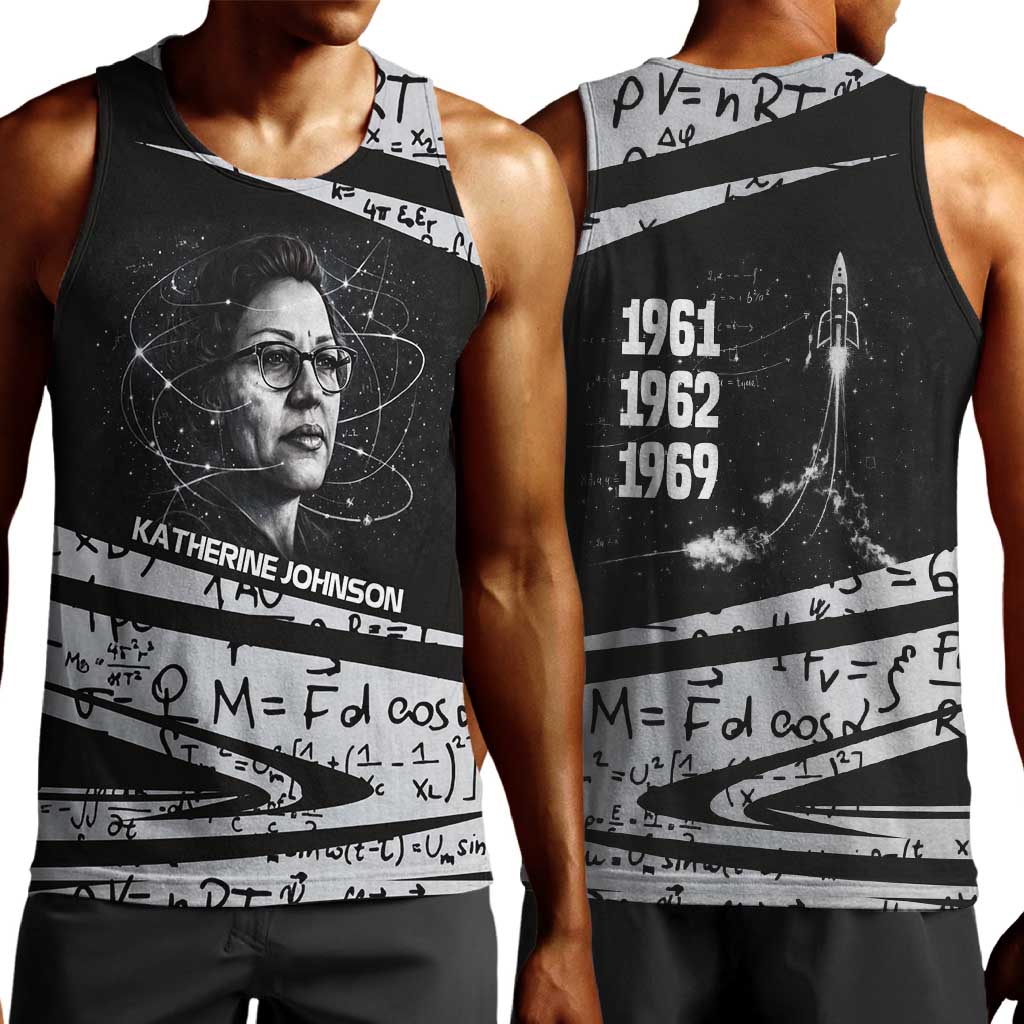 Katherine Johnson Men Tank Top with Orbital Space Portrait, Historic NASA Launch Dates and Physics - African Pride