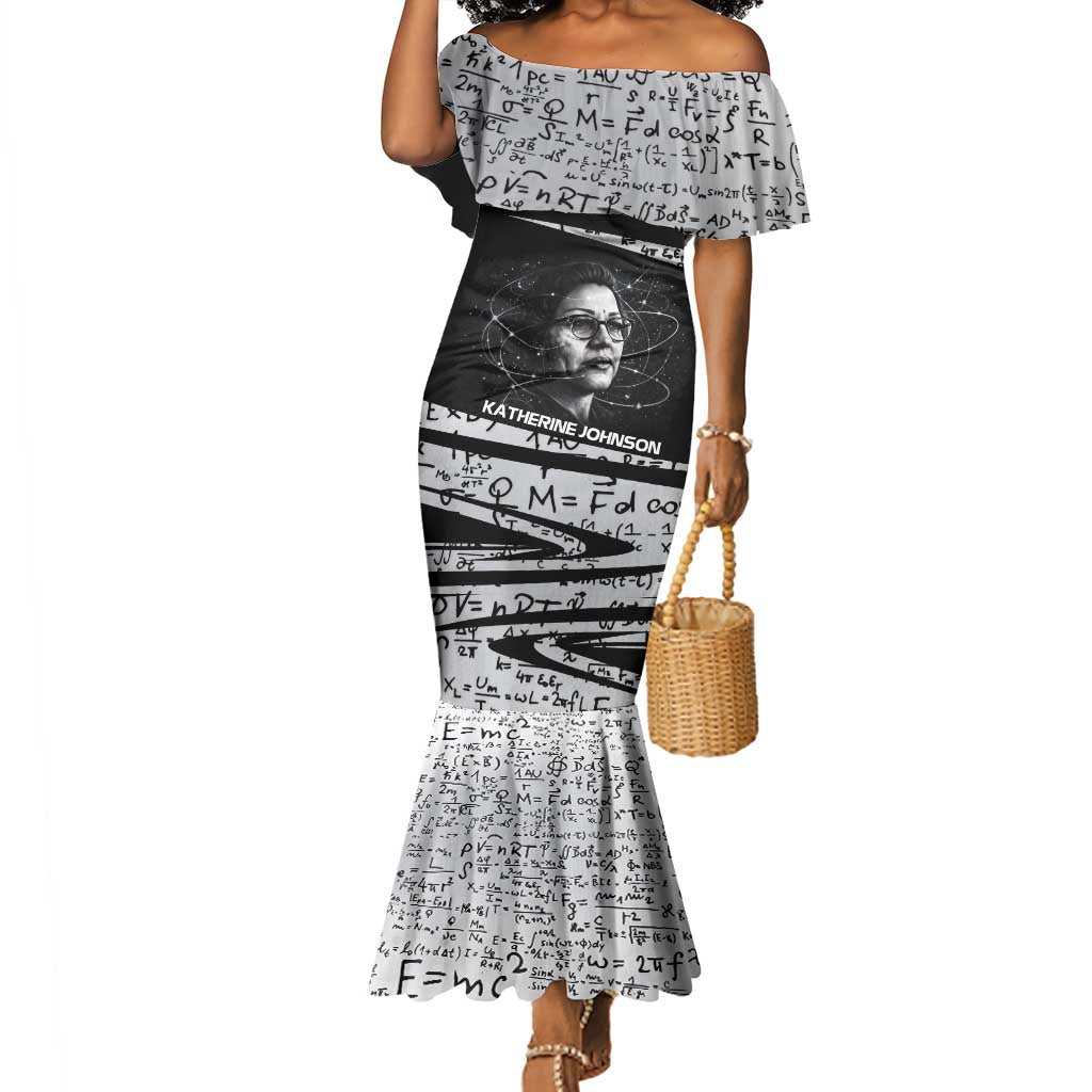 Katherine Johnson Mermaid Dress with Orbital Space Portrait, Historic NASA Launch Dates and Physics - African Pride