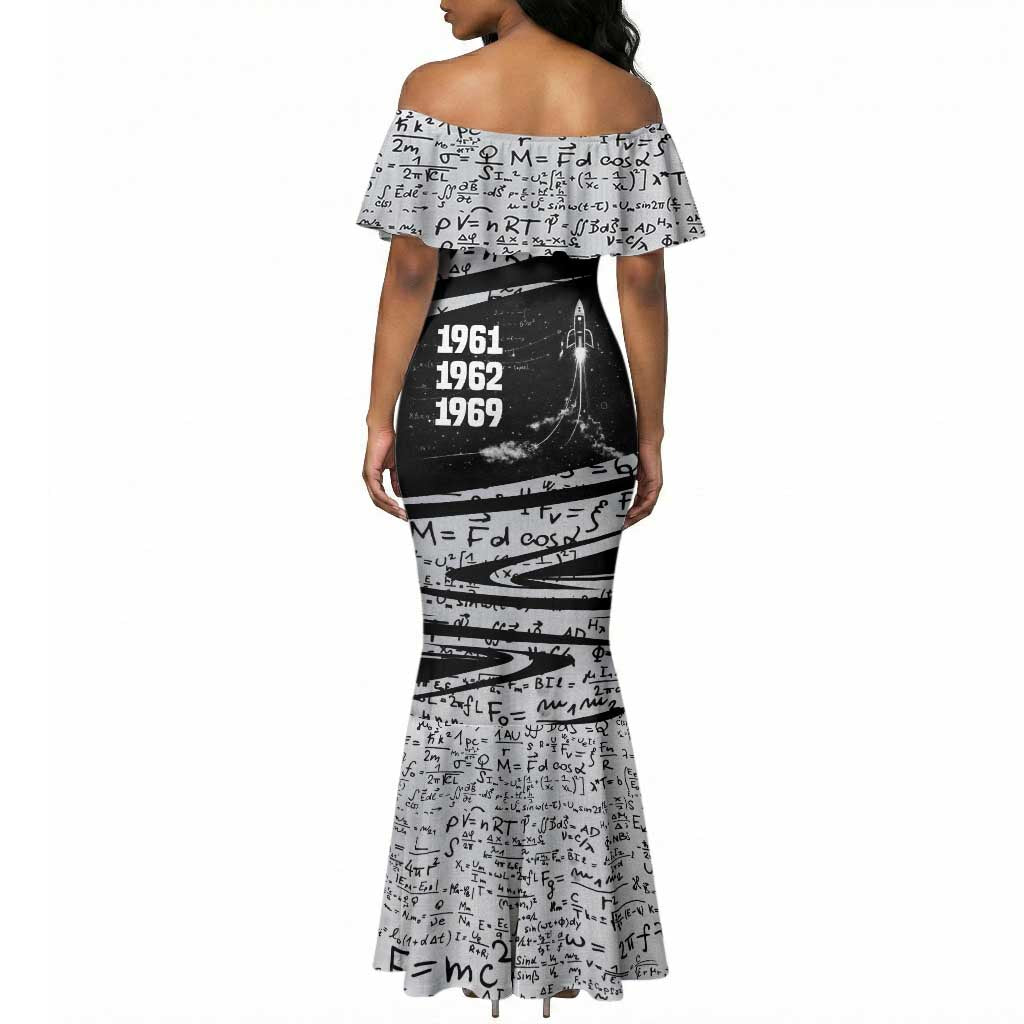 Katherine Johnson Mermaid Dress with Orbital Space Portrait, Historic NASA Launch Dates and Physics - African Pride