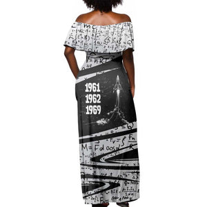 Katherine Johnson Off Shoulder Maxi Dress with Orbital Space Portrait, Historic NASA Launch Dates and Physics - African Pride