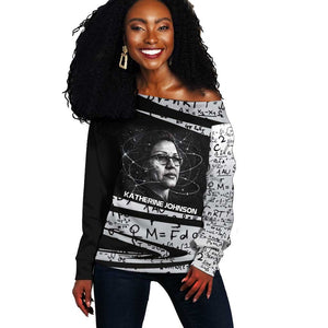 Katherine Johnson Off Shoulder Sweater with Orbital Space Portrait, Historic NASA Launch Dates and Physics - African Pride